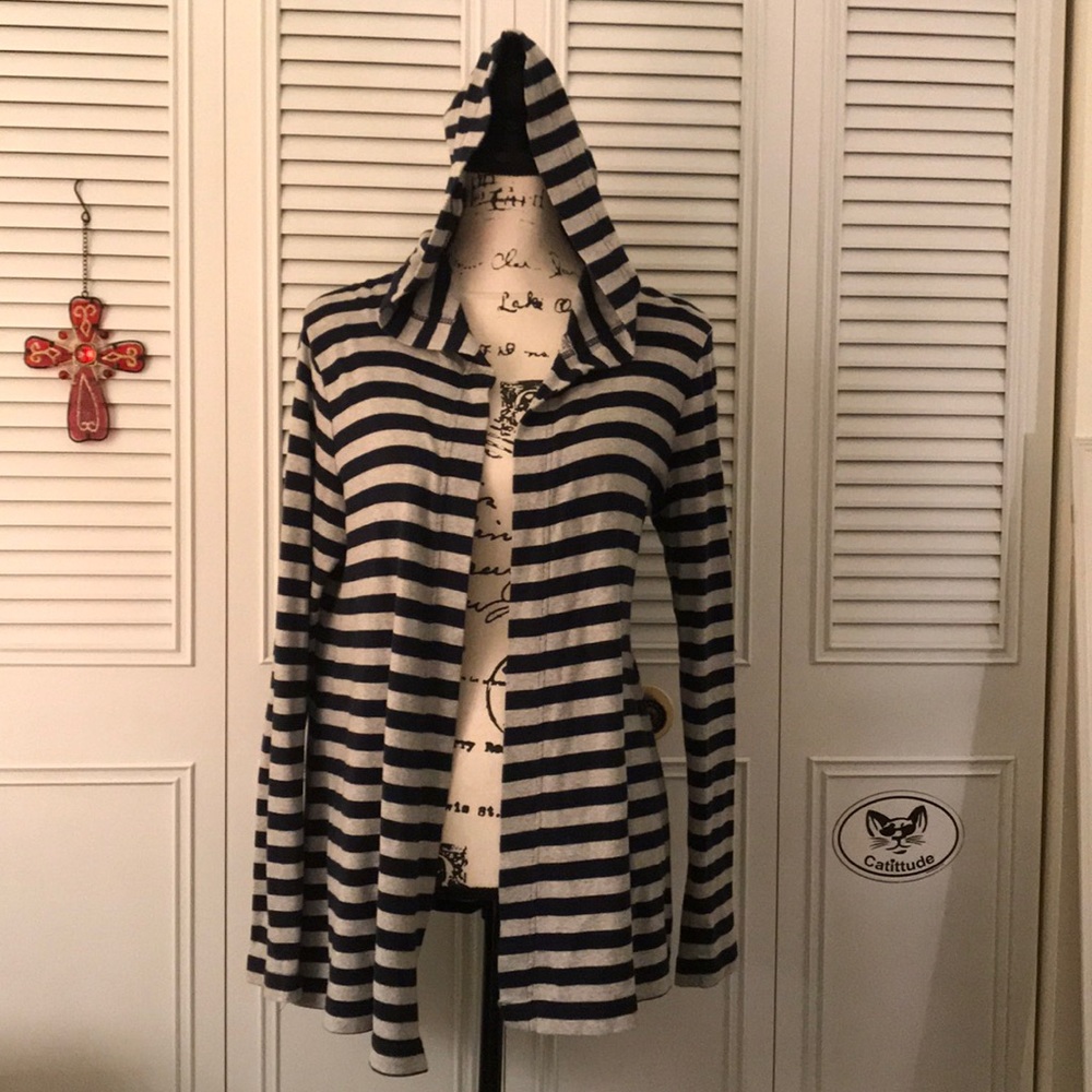GAP jersey Hooded Jacket Sz L Navy Gray Stripe